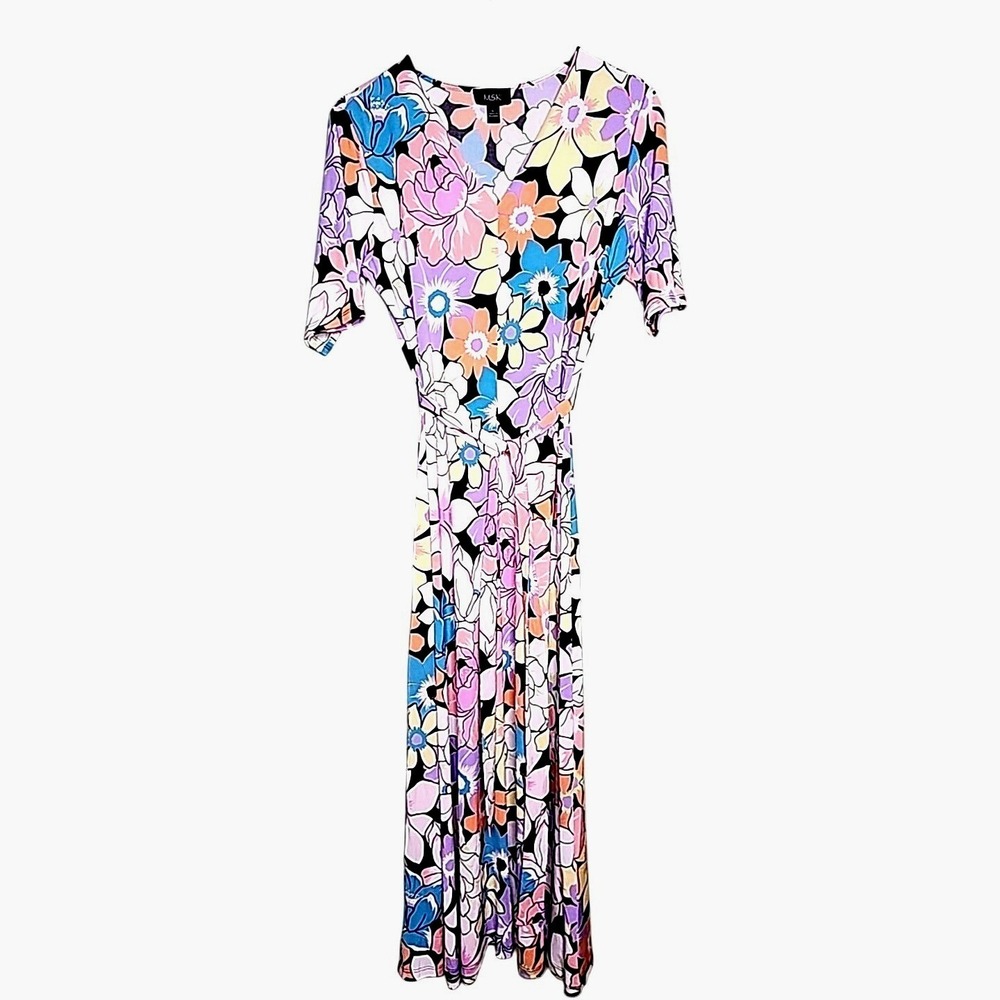 MSK‎ Womens Floral Belted Maxi Dress Short Sleeve V-Neck Multicolor Size L NWT